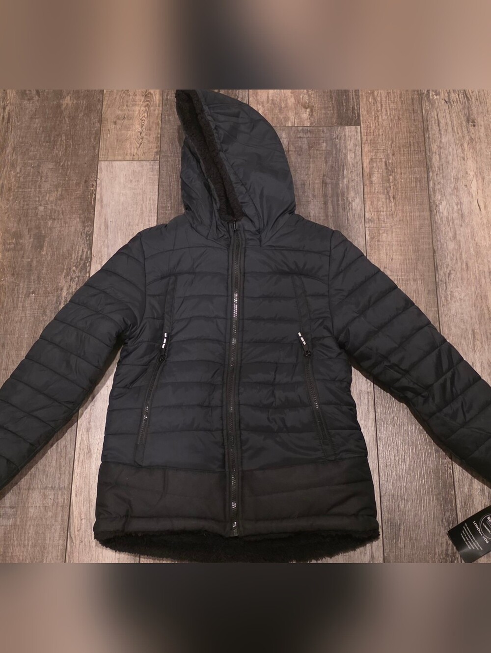 London Fog Youth Reversible Hooded Puffer Jacket Black Sherpa Youth M 10/12 NWT